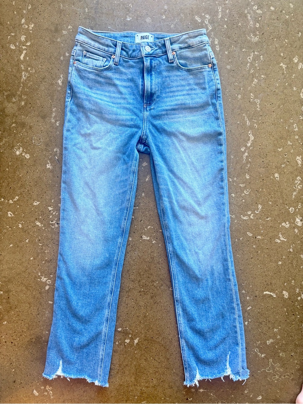 PAIGE Medium Blue Straight Leg Jeans with Frayed Hem